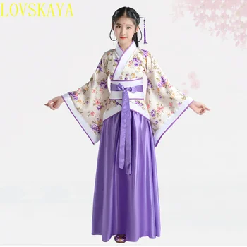 Tüdruk Tikandid Traditsiooniline Hiina Seelik + Kimono Ülemine Sinine Lavendel, Roosa, Punane Lapsed Hanfu Chineses Elegent Hanfu Kleit Lapsed