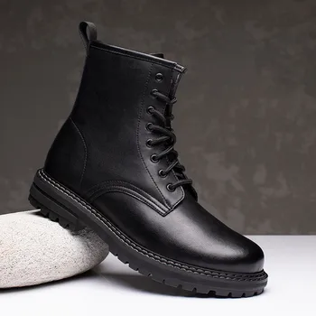 Briti stiilis meeste mood ehtne nahk saapad mustad platvorm kingad pits-up kauboi boot trend ilus lühike botas masculinas