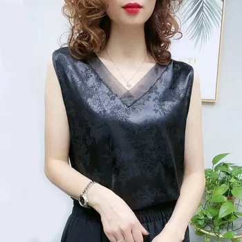 Naiste Must Pluusid Suvel Elegantne Kleit Vintage Asukoht Satiin Siidist Pluus Basic Pits Tops Särk 2021 Naistele