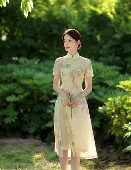 2023 Pluss Suurus-Line Cheongsam Naiste Pits Tikand Kleit Paranenud Beež Qipao Sale Tüdruk Vintage Kleidid Pulm Kostüüm