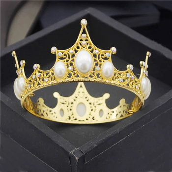 Barokk Ring Crown Rhinestone Pärlid Metallist Tiaras Sünnipäeva Kook Kaunistused Pulmakleidid Juuksed Ehted Fashion Diadem Headdress