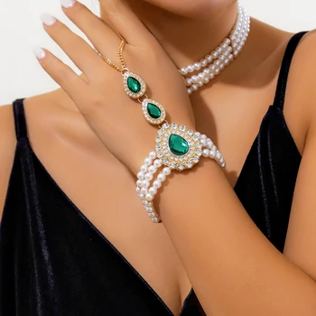 IngeSight.Z Elegantne Multi-layer Imitatsioon Pearl Käevõru Naistele Luksus Roheline Rhinestone Avaja Ühendatud Sõrme Kett Käevõru