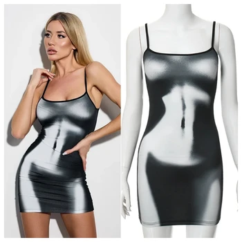 Naiste Sexy 3D Keha Prindi Spagetid Rihmad Bodycon Mini Kleit 2024 Kevadel Varrukateta Segast Pool Clubwear Y2K Street Varustus