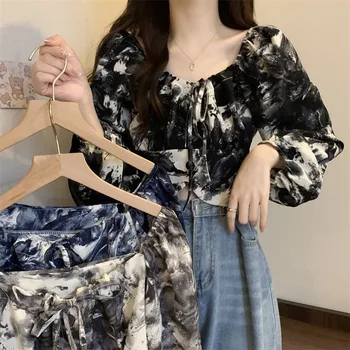 Ruut Krae Clavicle kokku Tie Dye Pluusid Sügisel Vintage Blusas Mujer De Moda 2023 Nöör-Single-breasted Slim Särgid