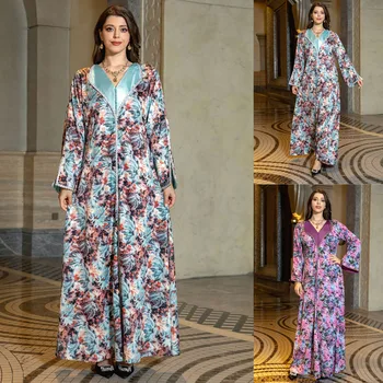Abayas Naiste Saudi Araabia Elegantne Õie Printida Pikad Kleidid Teemandid V-Kaeluse Seal Kaftan Dubai Luksuslik Eid Ramadaani Islami Riided