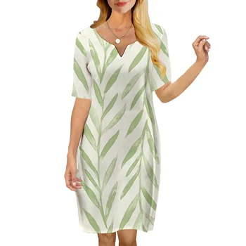 CLOOCL Naiste Kleit Lihtsalt Rohelised Lehed Muster 3D Trükitud V-Kaeluse Lahti Vabaaja Lühikesed Varrukad Shift Kleit Naiste Kleidid