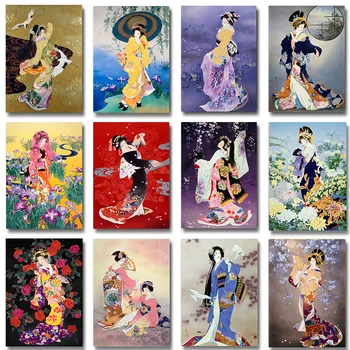 Retro Jaapani Geisha Naine Lillega Lõuendile Maali Kunst Plakatid ja Pildid Seina Art Modern Pilt Seinamaaling elutuba Decor