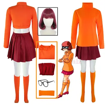 Velma Cosplay Ühtne Anime Naine Oranž Top, Seelik, Sokid Halloween Kostüüm Komplekt Tüdrukutele Velma Parukas