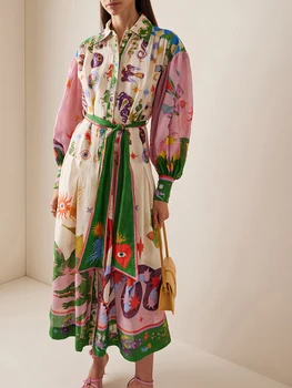 Naiste s prantsuse Vintage Kleit Graafiline Muster Pikk Laterna Varruka Nupp Ees Rinnamikrofon Midi Hoos Kleit koos Vöö