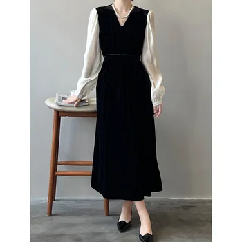 Hepburn Stiilis Kleit 2023 Sügisel Uue prantsuse Vintage Paneel Mull Varruka Lace up Pikk Kleit kalli Disain korea Fashion