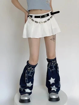 Sügisel Grunge ja Punk Tüdruk Goth säärised Vintage Denim Star Harajuku Gooti Suu Hõlmab PU Rihm Pikk, Sokk Y2k Esteetiline Sokid
