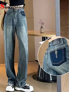 Kottis Hight Talje Sirged Teksad Naine Korea Streetwear Vintage Lai Jalg Denim Püksid Kevadel Sügisel Casual Liiga Kot Pantolon
